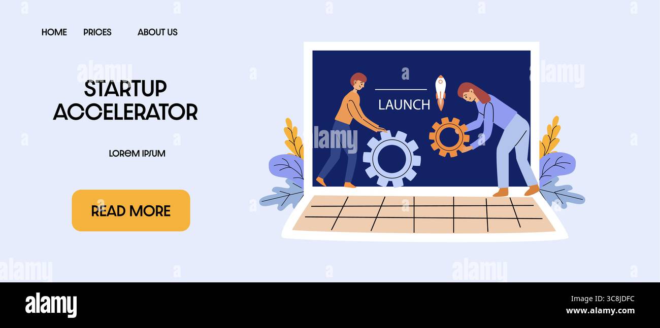 Business team preparing startup launch, assembling gears, rocket on background, teamwork concept. Stock Vector