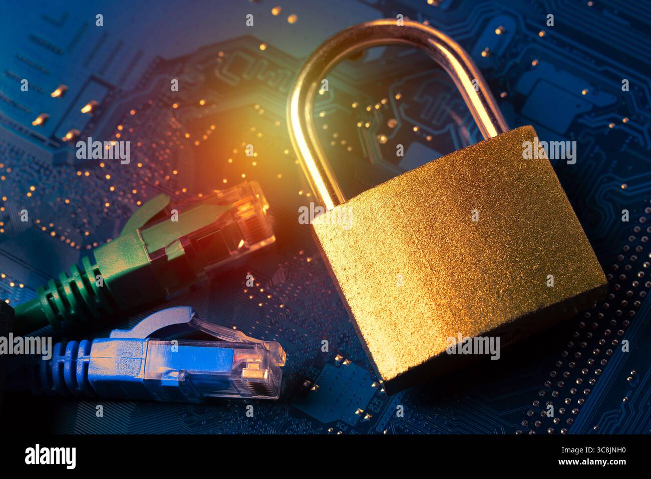 Network ethernet cables near padlock on computer motherboard. Internet data privacy information security concept Stock Photo