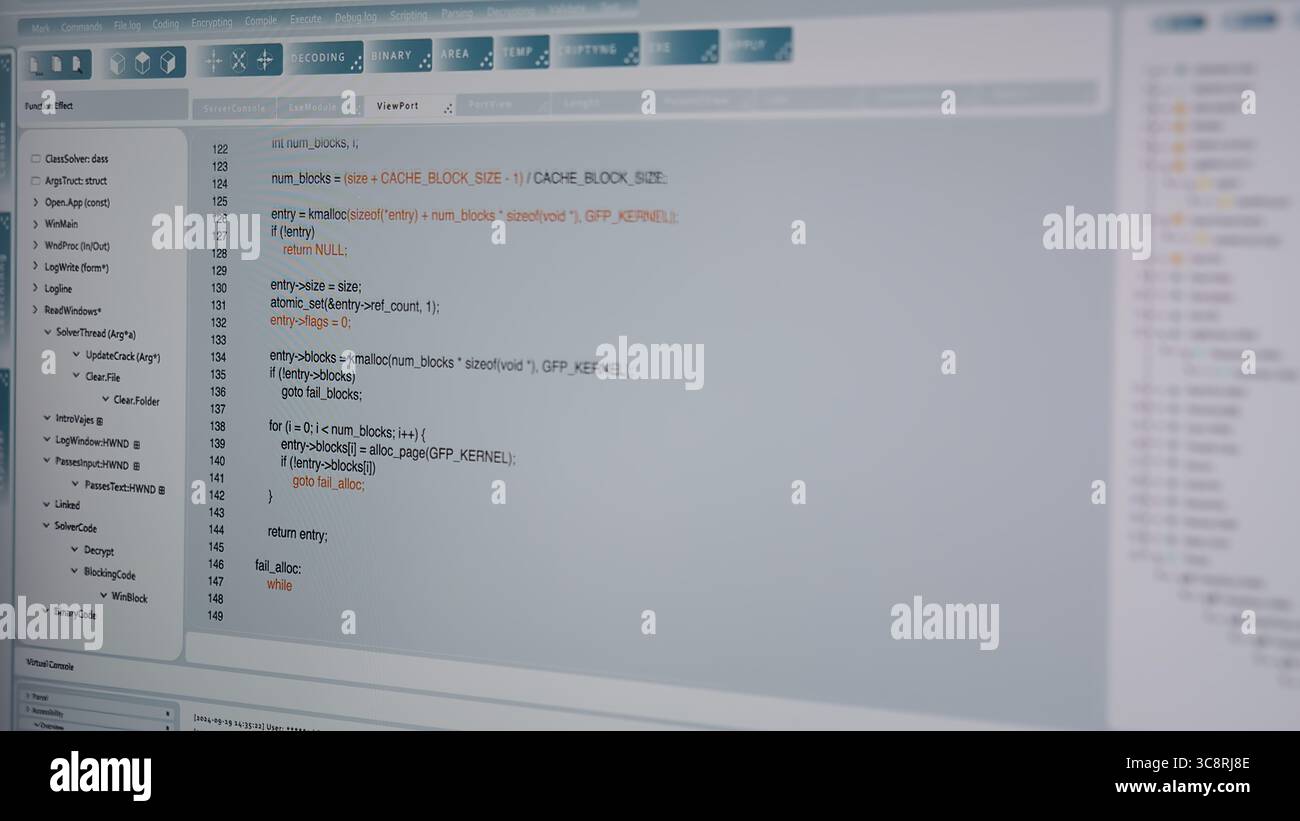Close up of code being typed on PC screen by admin developing software, entering commands. Computer display used by IT professional at home fixing errors in application, implementing new features Stock Photo