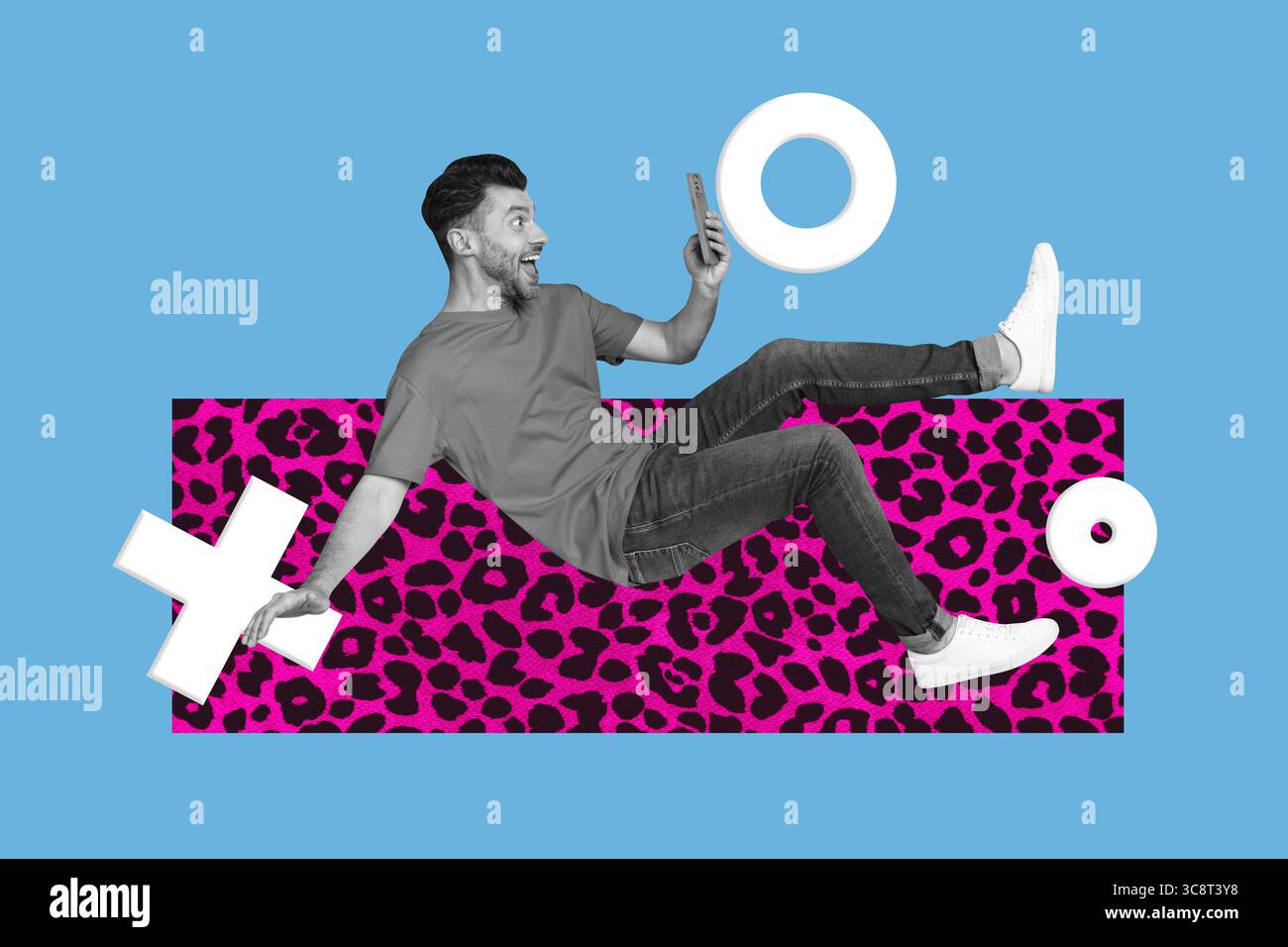 Trend poster collage of person use gadget sit on blue background with 3d elements Stock Photo