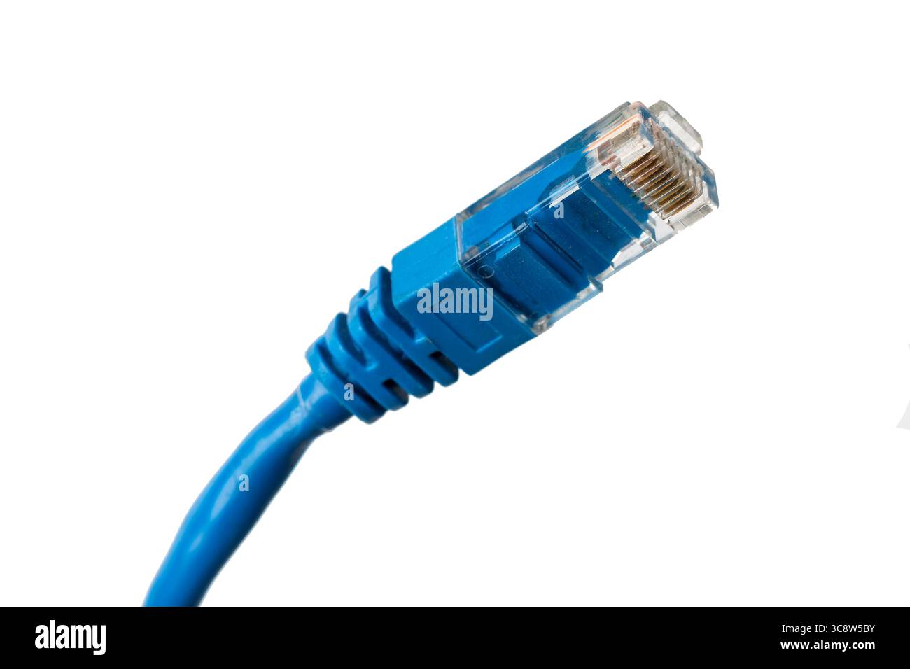 Blue twisted pair patch cord on white background isolated. Stock Photo