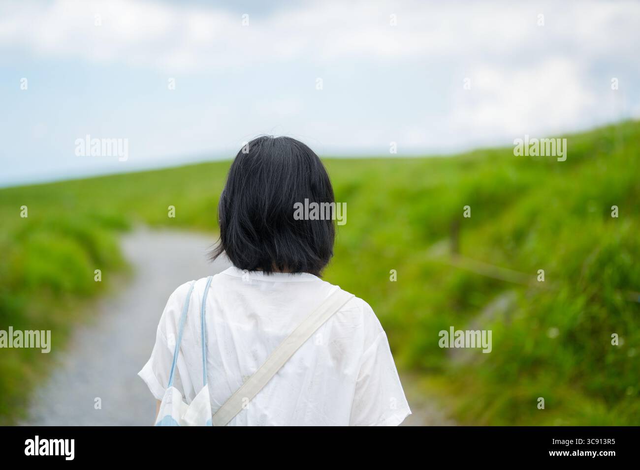 A woman in her thirties with midlength hair in a white dress walks away along a mountain trail with sky above, her back to the viewer, the scene free. Stock Photo
