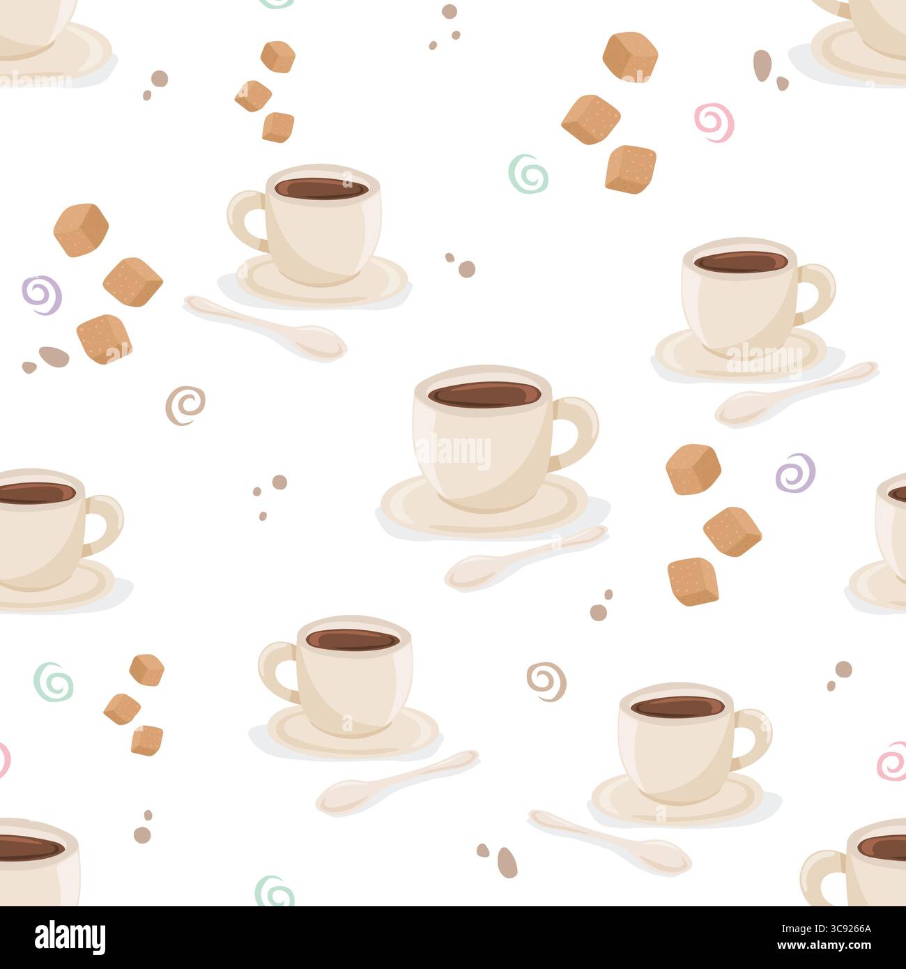Seamless pattern with coffee cups, spoons and sugar cubes Stock Vector