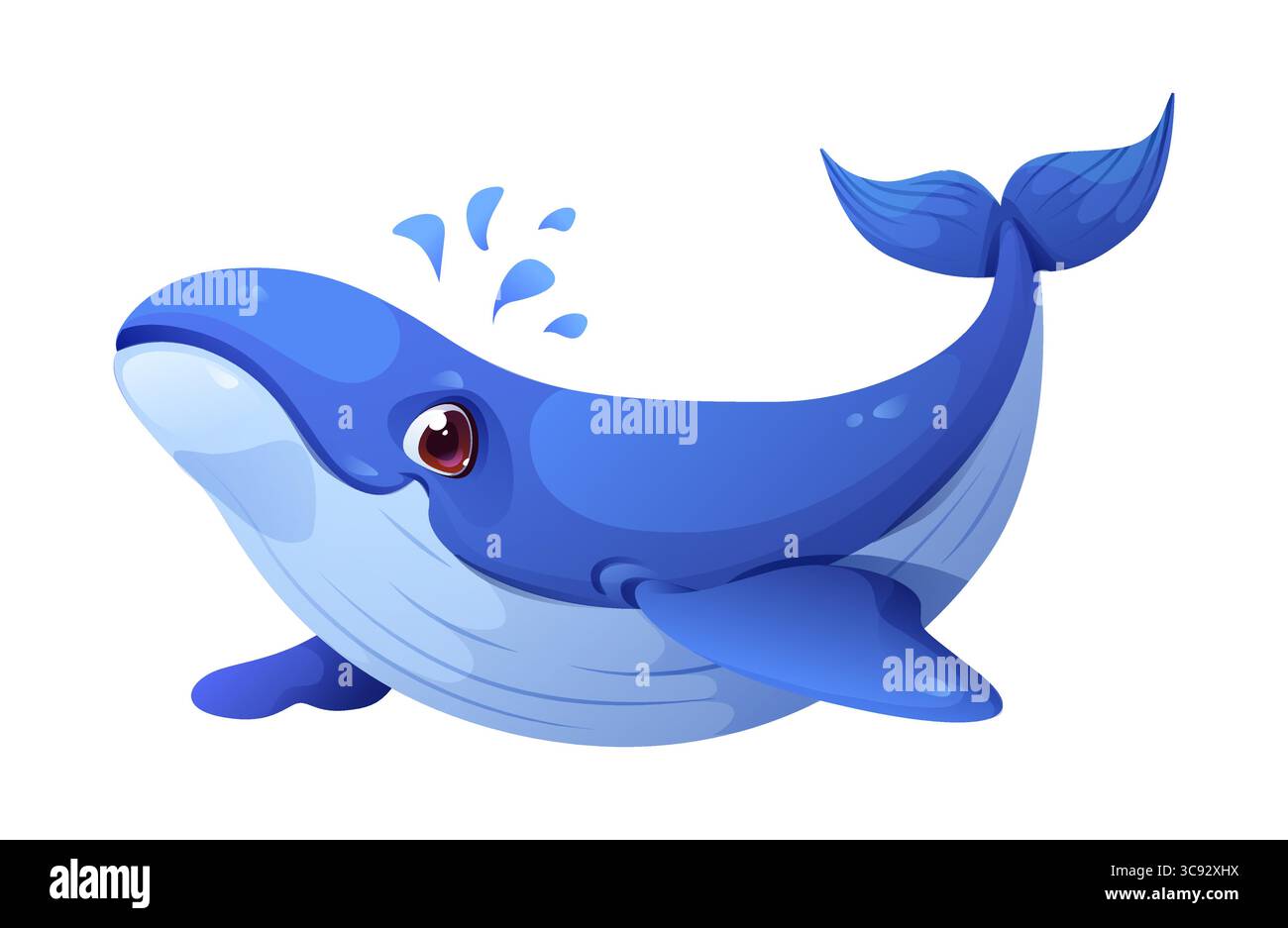 Cartoon blue whale character with smiling face and water splash ...