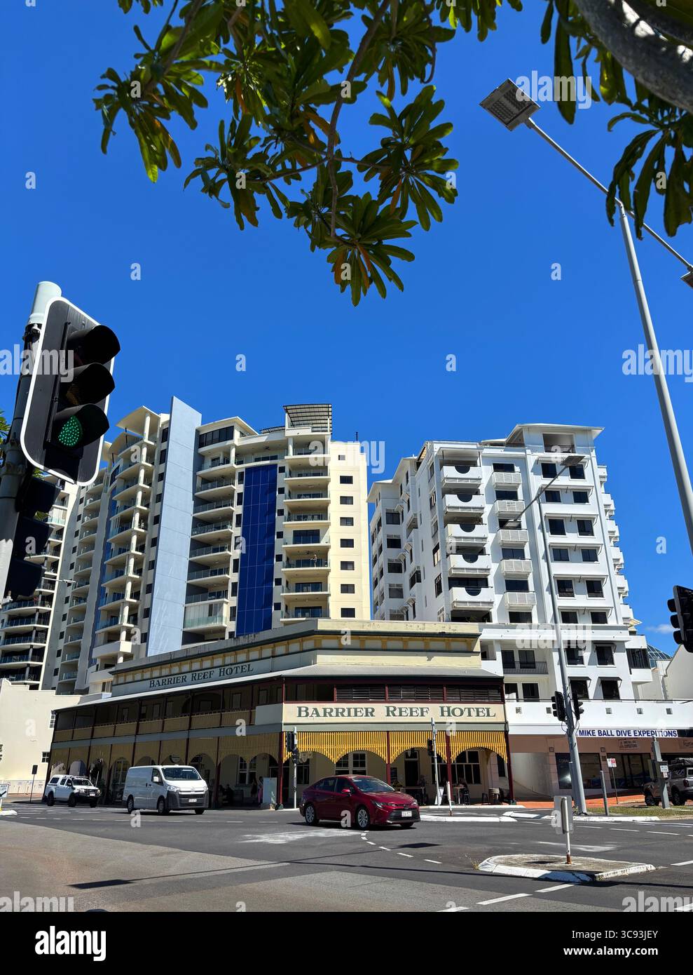Historical facade of the Barrier Reef Hotel, corner of Wharf Street and Abbott Street, Cairns, Queensland, Australia. No MR or PR - Smartphone Captured Stock Image