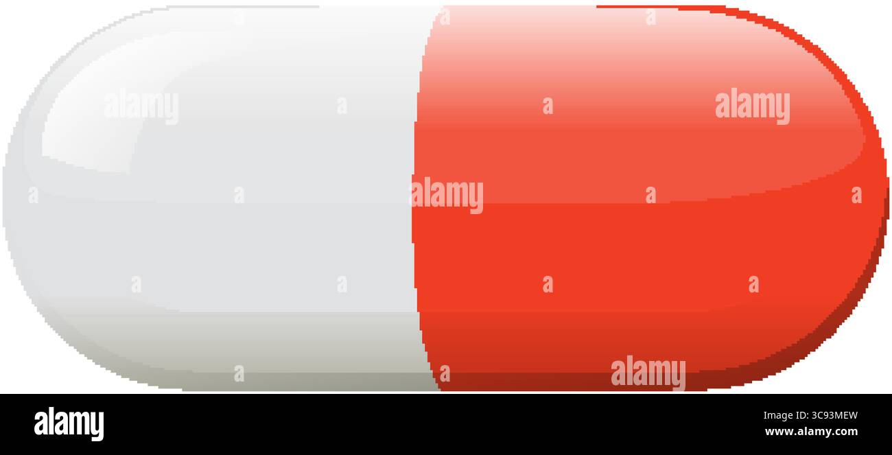 Glossy red and white capsule pill rendered in clean vector style ...