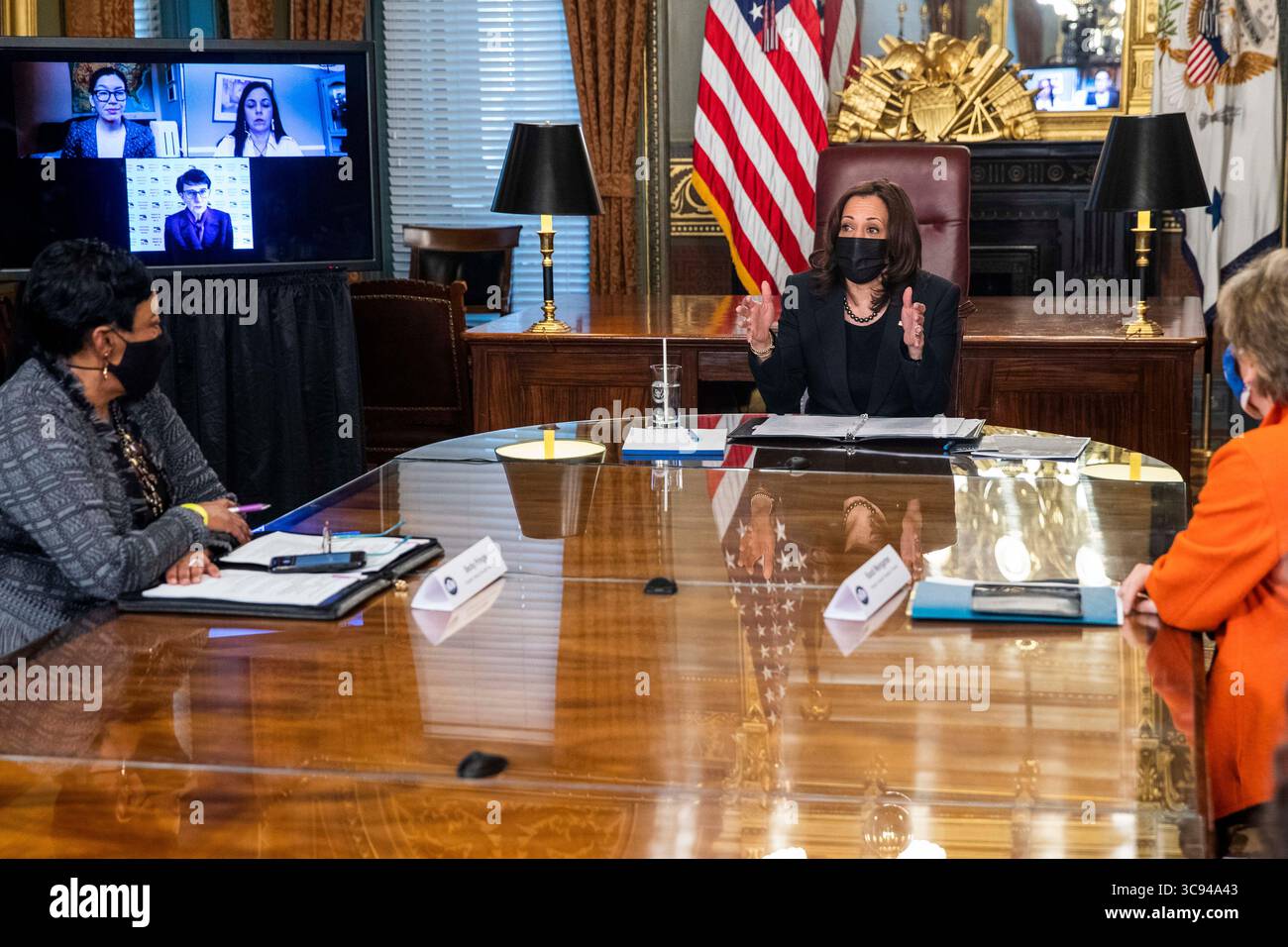 March 18, 2021, Washington, District of Columbia, USA: US Vice President Kamala Harris meets with labor leaders in the Vice President's Ceremonial Office in the Eisenhower Executive Office Building in Washington, DC, USA, 18 March 2021. To mark Womenâ€™s History Month and passage of the American Rescue Plan Vice President Harris met with Randi Weingarten from the American Federation of Teachers, Liz Schuler from the American Federation of Labor and Congress of Industrial Organizations, Becky Pringle, from the National Education Association, Teresa Romero from United Farm Workers, Cindy Estrada Stock Photo