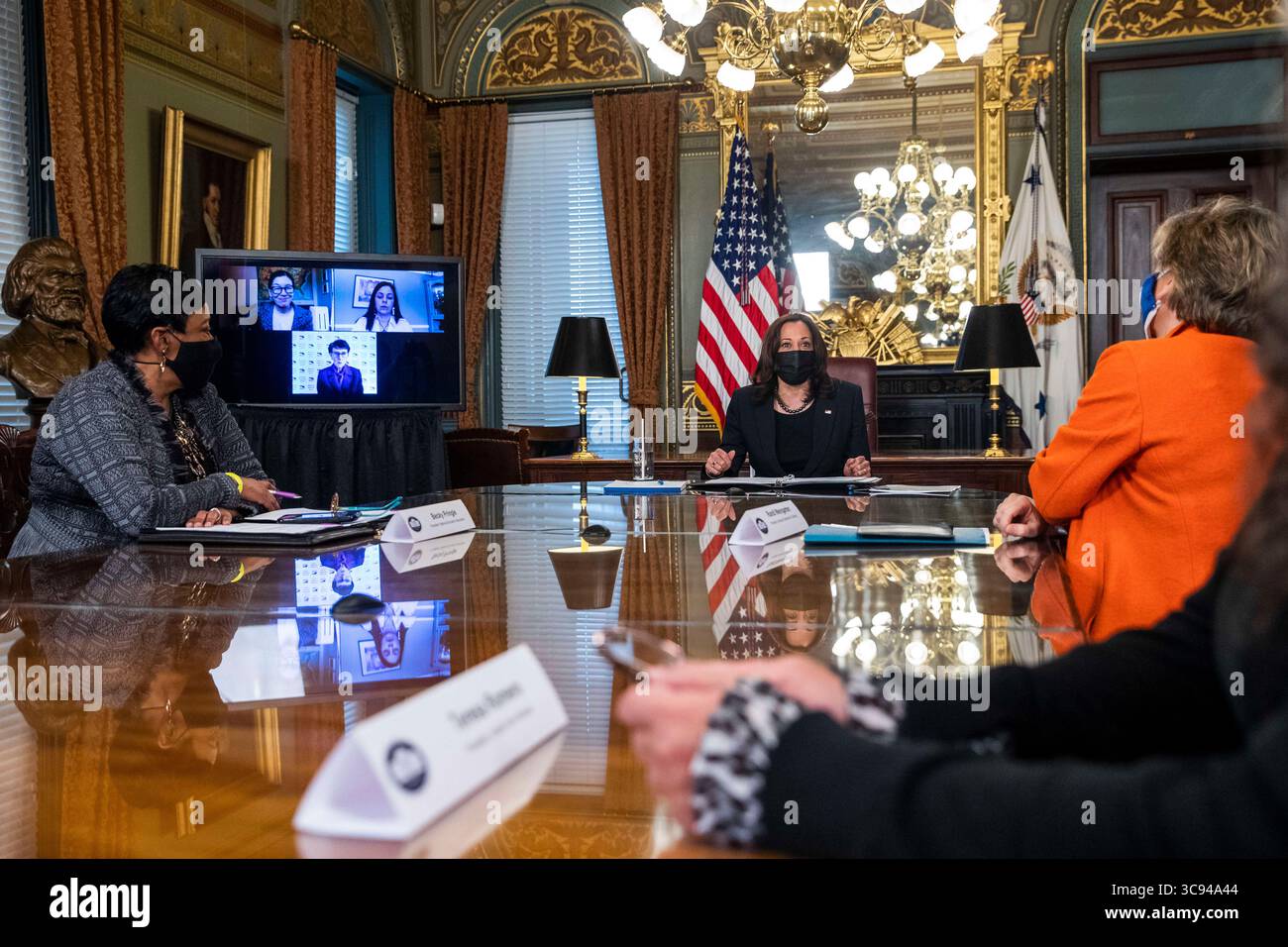 March 18, 2021, Washington, District of Columbia, USA: US Vice President Kamala Harris meets with labor leaders in the Vice President's Ceremonial Office in the Eisenhower Executive Office Building in Washington, DC, USA, 18 March 2021. To mark Womenâ€™s History Month and passage of the American Rescue Plan Vice President Harris met with Randi Weingarten from the American Federation of Teachers, Liz Schuler from the American Federation of Labor and Congress of Industrial Organizations, Becky Pringle, from the National Education Association, Teresa Romero from United Farm Workers, Cindy Estrada Stock Photo