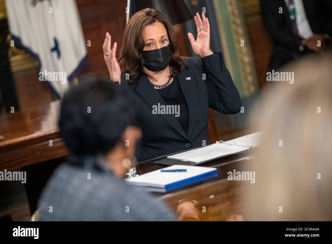 March 18, 2021, Washington, District of Columbia, USA: US Vice President Kamala Harris meets with labor leaders in the Vice President's Ceremonial Office in the Eisenhower Executive Office Building in Washington, DC, USA, 18 March 2021. To mark Womenâ€™s History Month and passage of the American Rescue Plan Vice President Harris met with Randi Weingarten from the American Federation of Teachers, Liz Schuler from the American Federation of Labor and Congress of Industrial Organizations, Becky Pringle, from the National Education Association, Teresa Romero from United Farm Workers, Cindy Estrada Stock Photo
