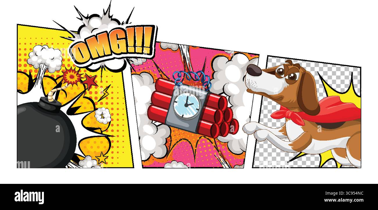 Vector illustration in pop art comic style with a superhero dog ...