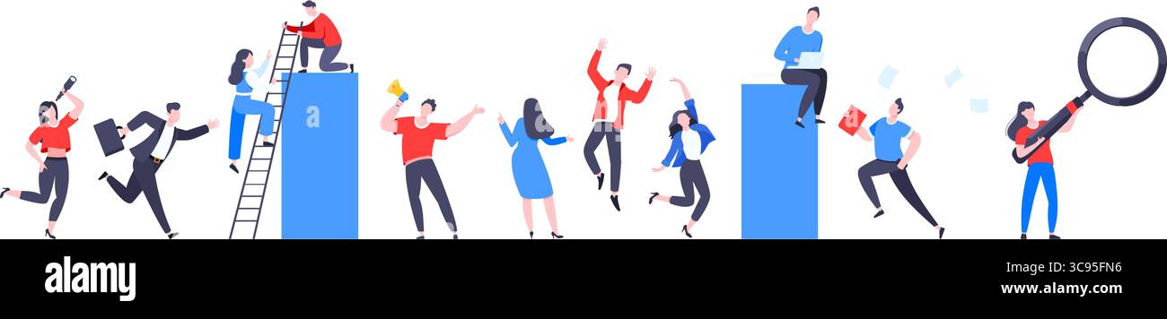 Teamwork concept with tiny people characters working together business concept elements set. Stock Vector