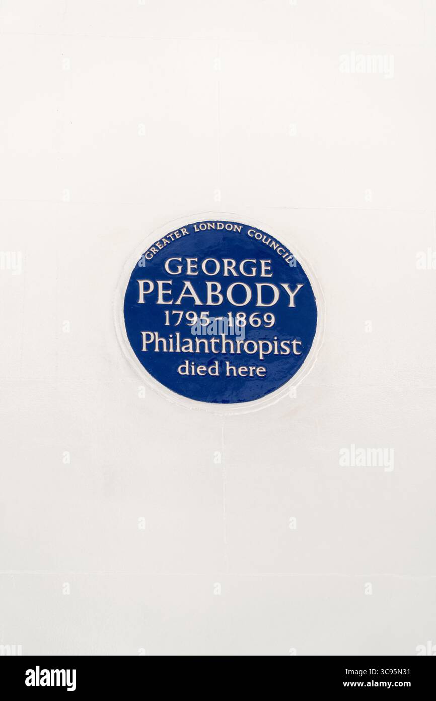 George Peabody Blue Plaque on wall in Eaton Square, London - UK Stock Photo