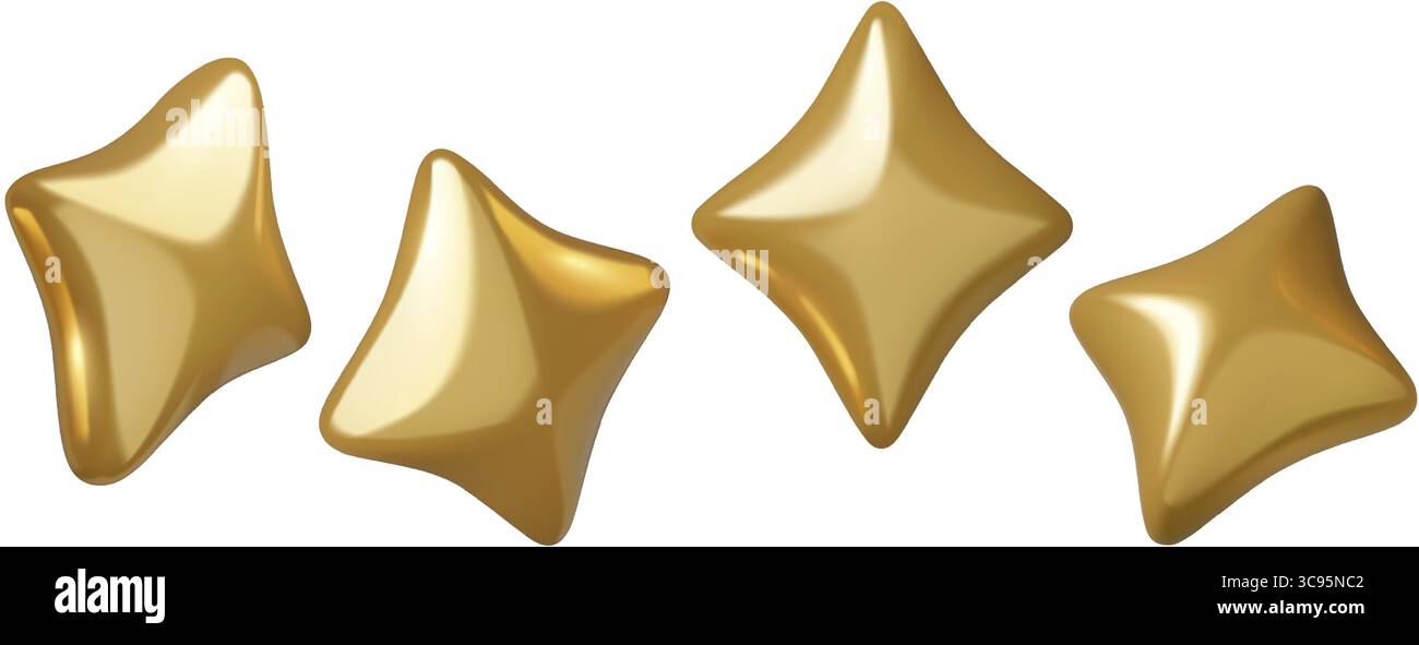 3d stars set - gold four pointed holiday sparkles in different positions Stock Vector