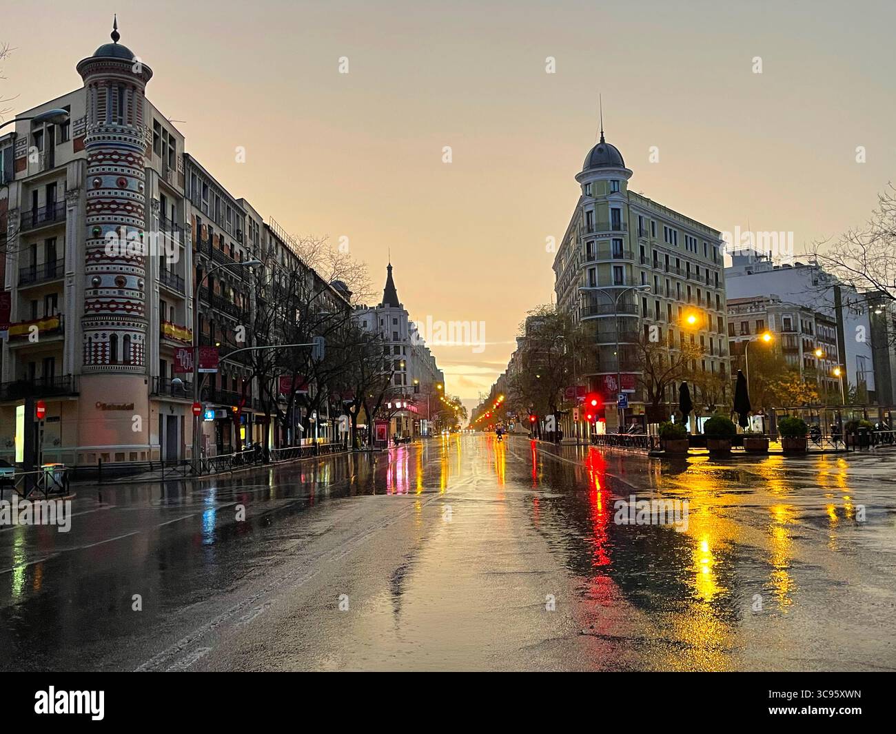 Alcala street at dawn in a rainy morning. Madrid, Spain. - Smartphone Captured Stock Image