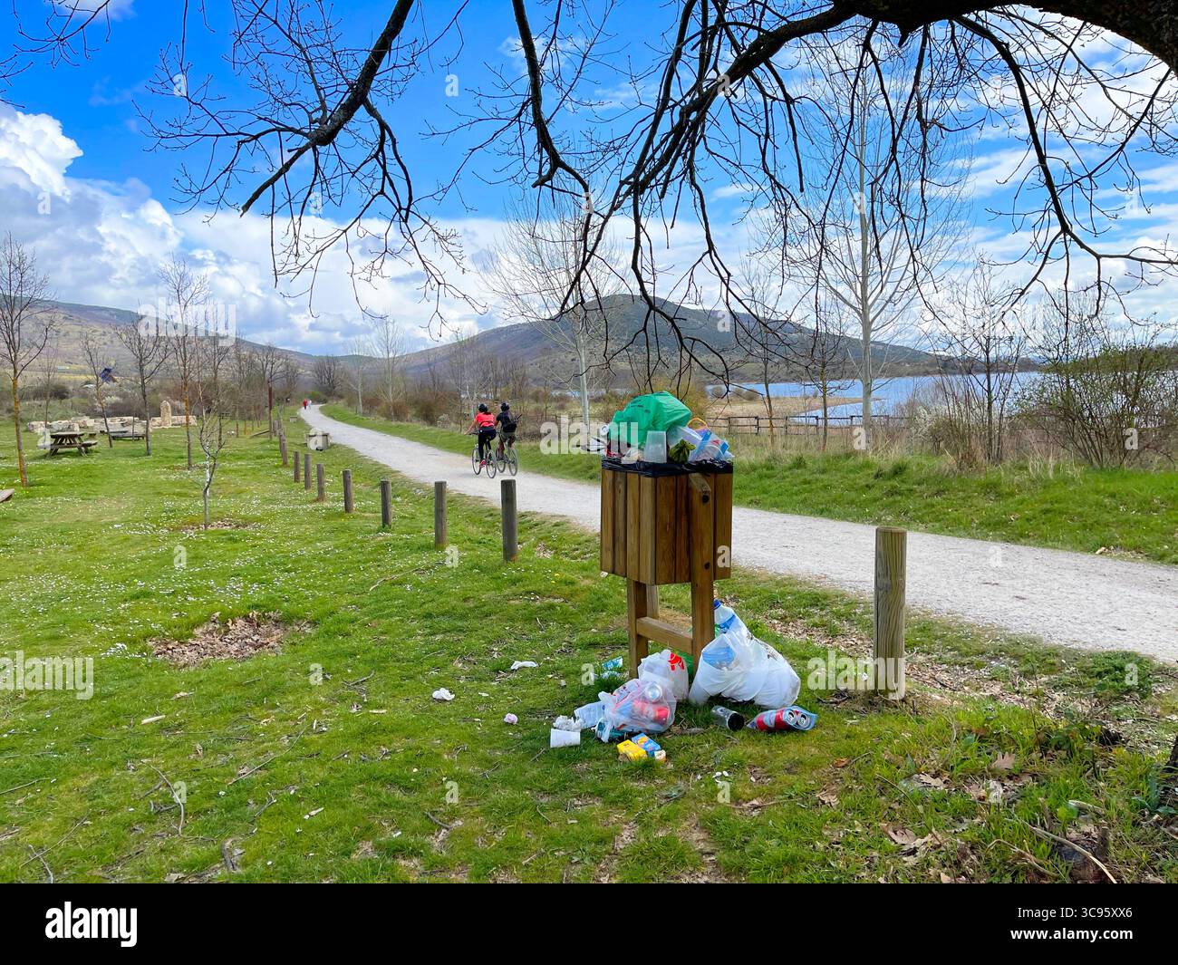 Litter bin full of rubbish. Sierra de Guadarrama National Park, Lozoya, Madrid province, Spain. - Smartphone Captured Stock Image