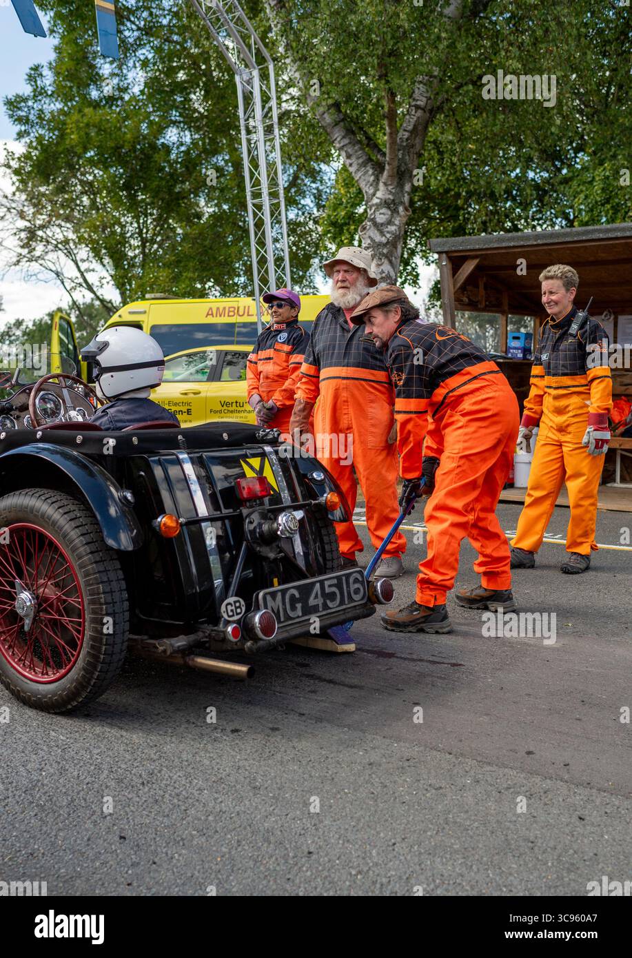 Richard Hammond, top gear tv presenter volunteering as a marshal at the VSCC Prescott Hill climb. Stock Photo