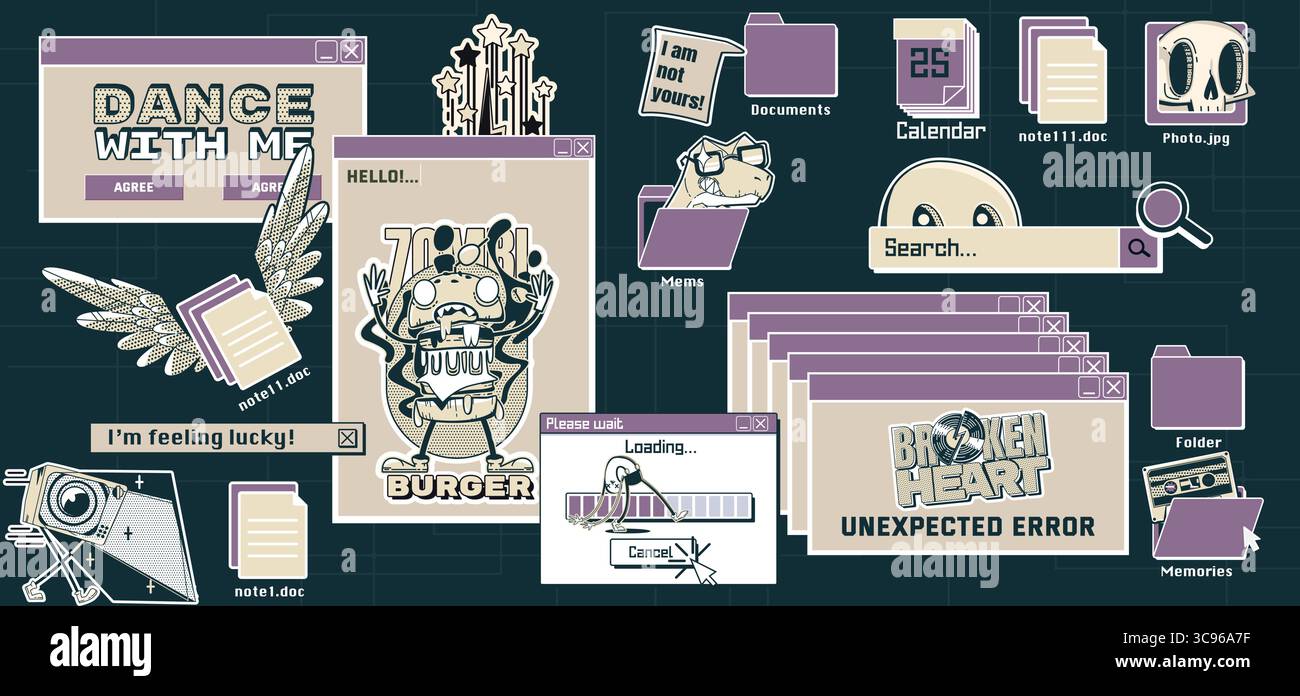 Vintage retro desktop in y2k internet culture with pop up windows, meme ...