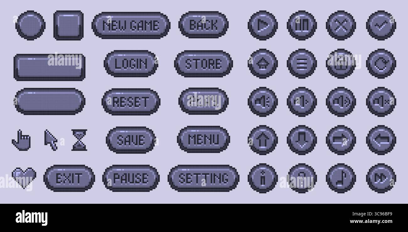 Stone pixel game button collection with text labels and icon elements ...