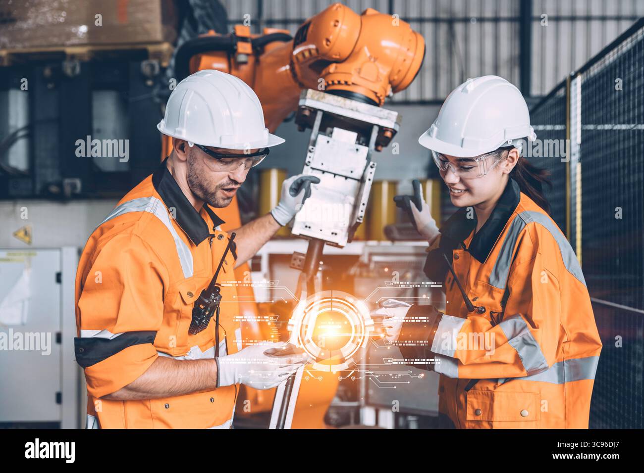 Engineer workers team with modern robotic technology digital innovation device in hand tablet computer concept Stock Photo