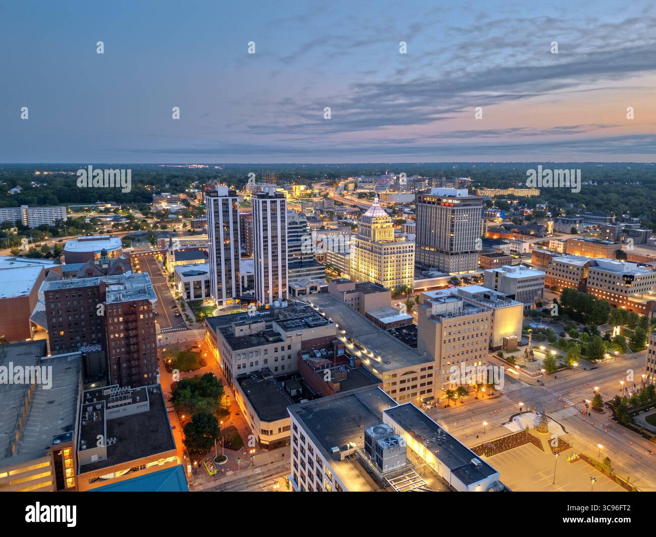 Peoria, Illinois, USA downtown skyline from above at dusk. Stock Photo