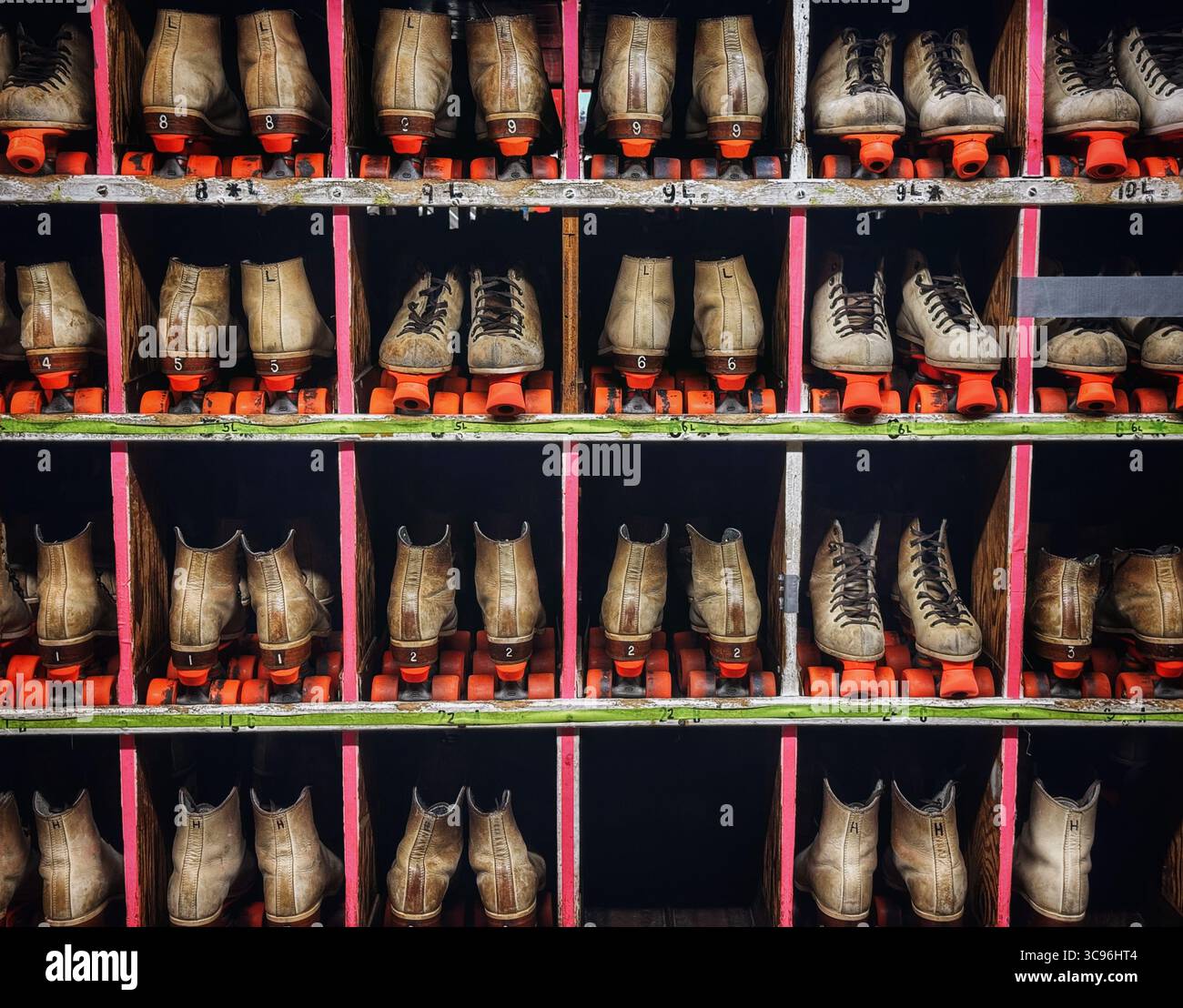Rental skates lined up at the roller rink - Smartphone Captured Stock Image