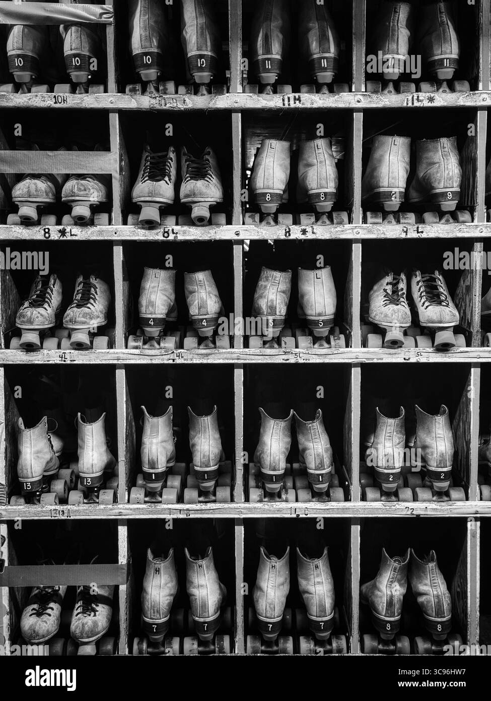 Rows of rental roller skates in black and white - Smartphone Captured Stock Image