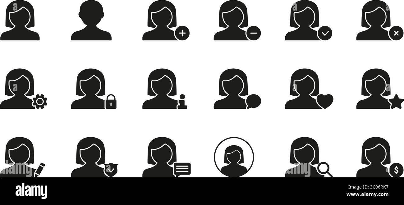 User Profile Management Solid Icon Set. User Interaction, Privacy, And Account Settings Silhouette Symbol Collection. Includes Add, Remove, Edit, And Stock Vector