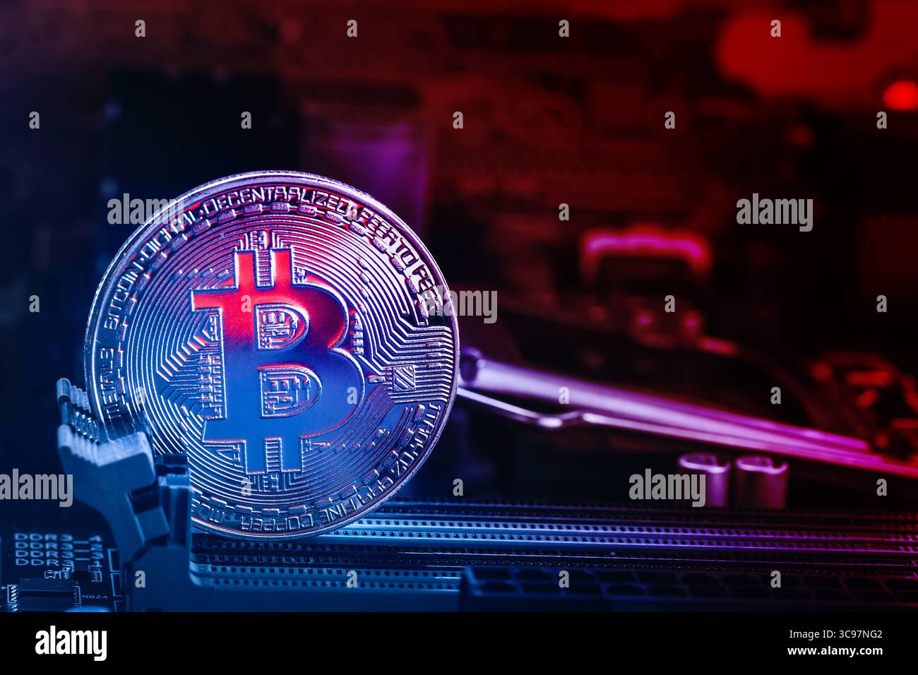 Bitcoin coin with abstract red glow on the background of the motherboard  and red blue lights. Symbol of crypto currency - electronic virtual money  for Stock Photo - Alamy