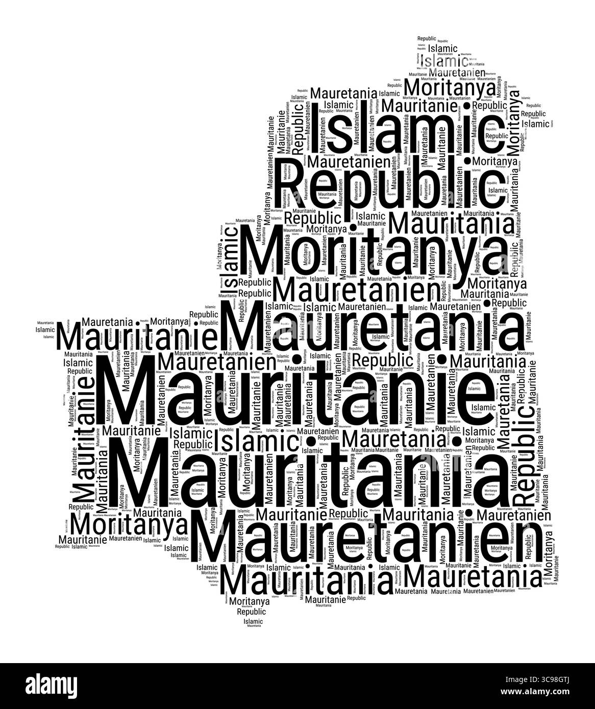 Black and white word cloud in Mauritania shape. Simple typography style country illustration. Plain Mauritania black text cloud on white background. Stock Vector