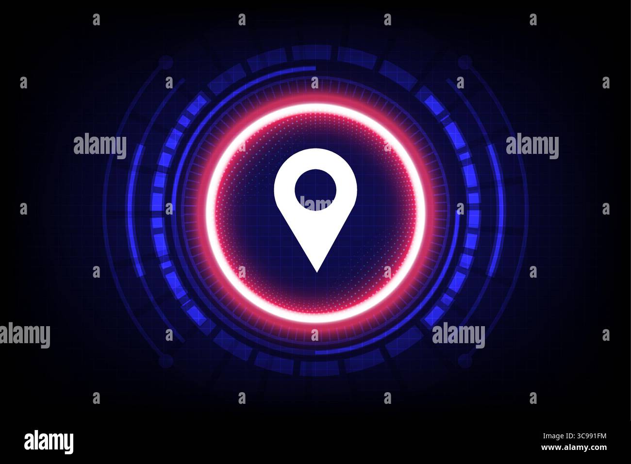 Modern glowing location pin icon on a high-tech digital HUD interface ...