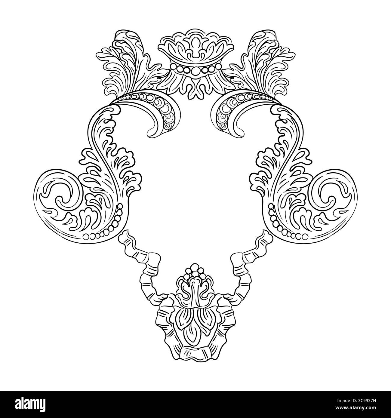 Vintage hand drawn outline ornament, floral frame with swirl leaves ...
