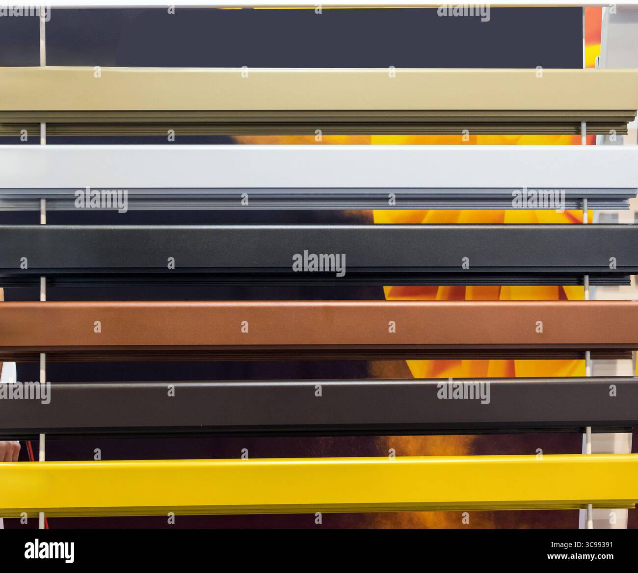 Colorful aluminium window blinds samples patterns background Stock Photo