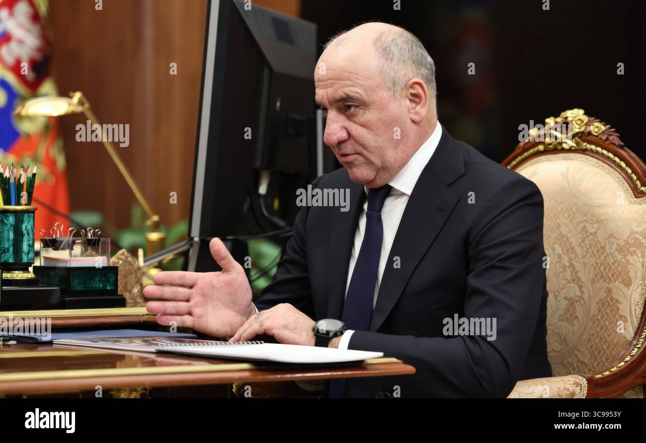 Moscow, Russia. 30 July, 2025. Karachayevo-Circassian Republic head Rashid Temrezov, delivers his report during a face-to-face meeting with Russian President Vladimir Putin, at the Kremlin, July 30, 2025 in Moscow, Russia.  Credit: Mikhail Metzel/Kremlin Pool/Alamy Live News Stock Photo