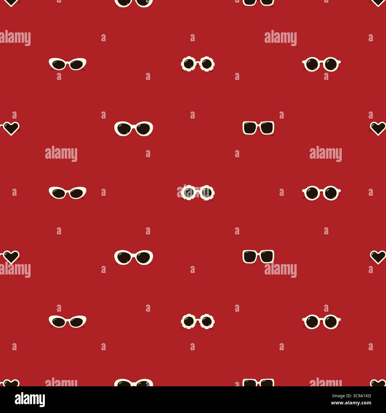 Minimal sunglasses seamless vector pattern with white retro frames on red background. Vector illustration Stock Vector