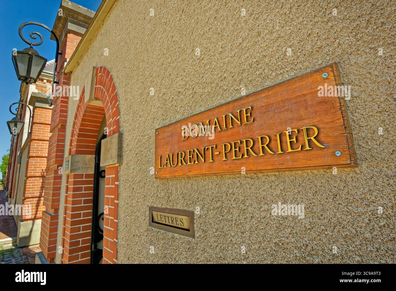 Laurent-Perrier Champagne base at Bouzy near Epernay in the Champagne Region near Reims, Marne Department, Northern France. Stock Photo