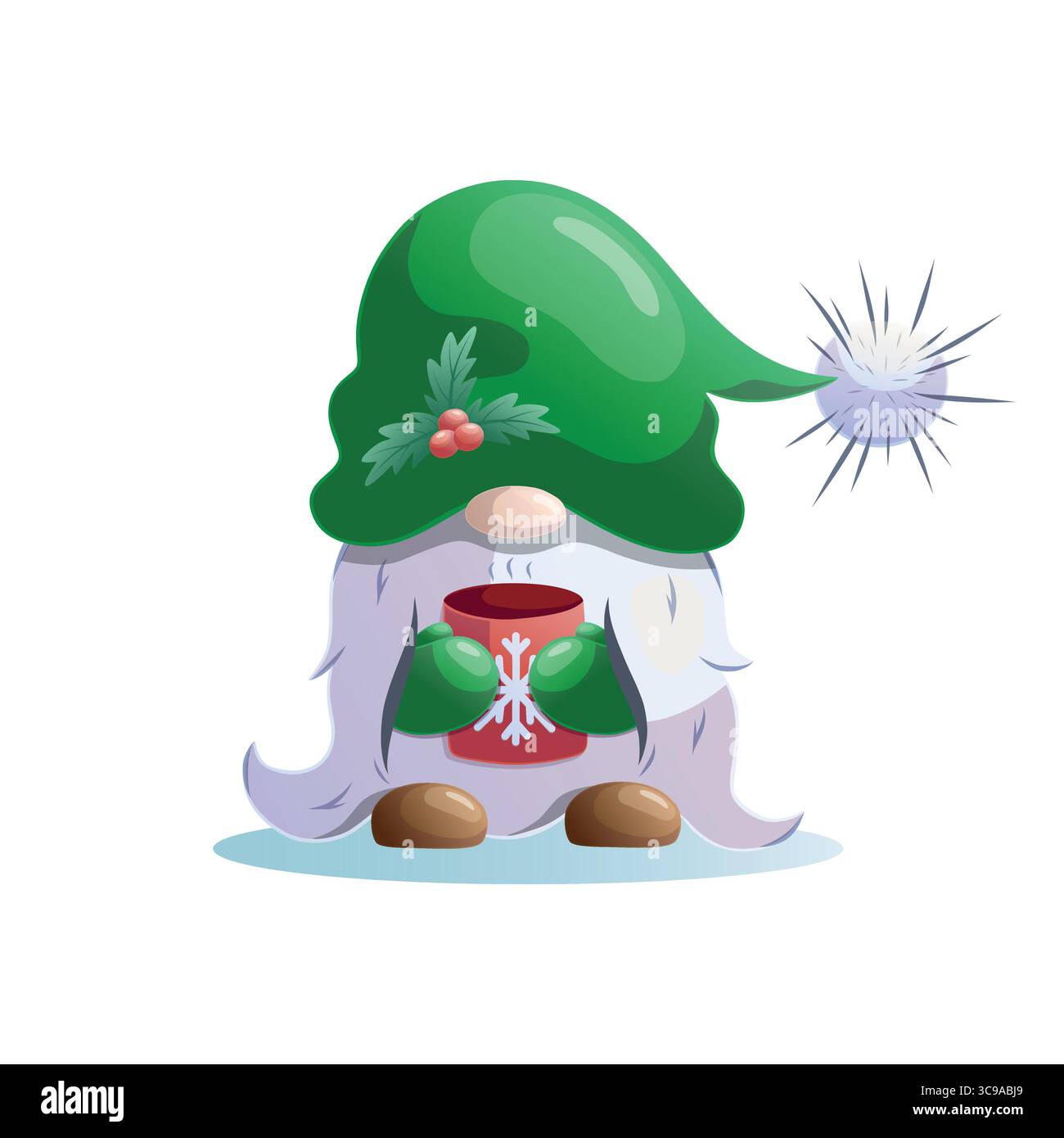 Christmas elf gnome holding warm drink in red cup, vector illustration Stock Vector