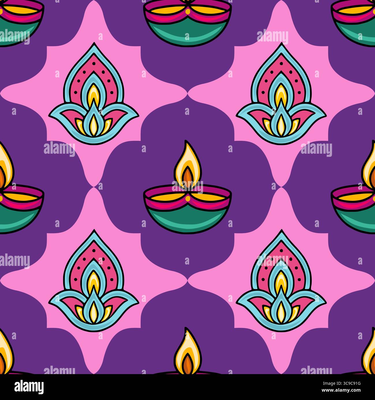 Seamless vector pattern with vibrant diya lamps and stylized floral ...