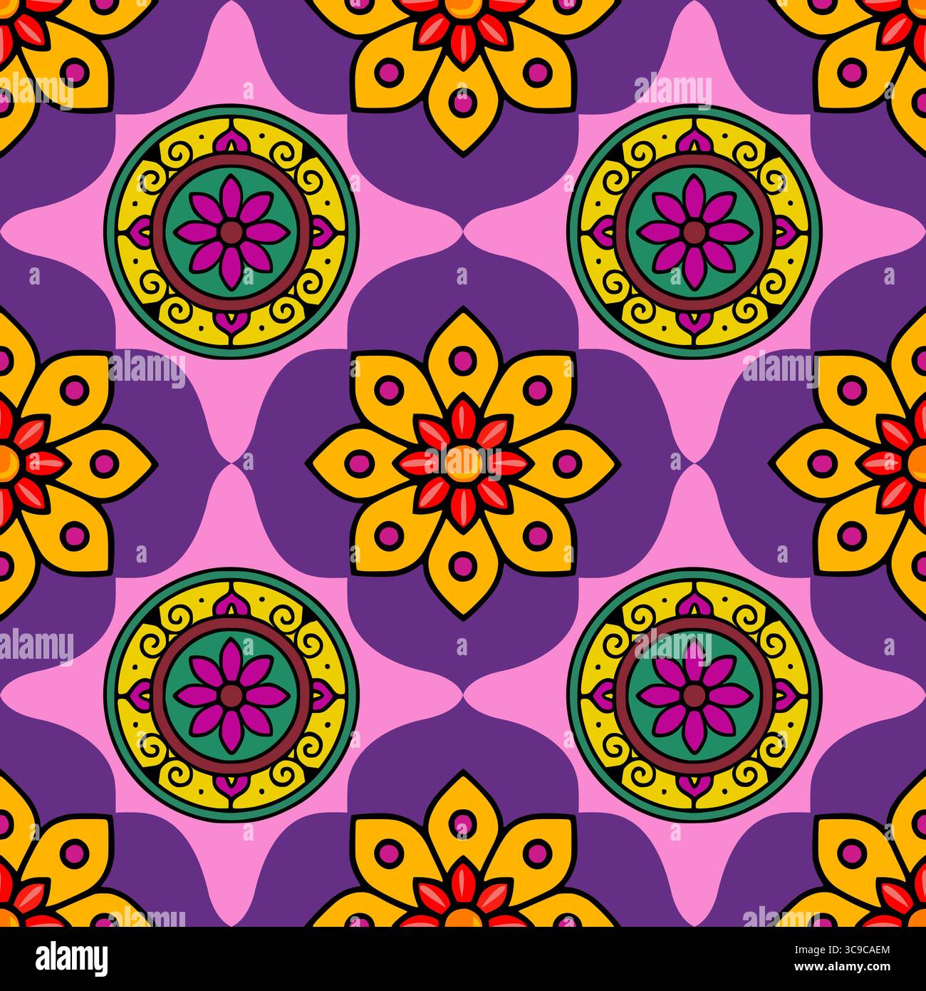 Vibrant vector seamless pattern with circular and floral mandala designs in bold yellow, purple, pink, and green, ideal for textile prints and festive Stock Vector
