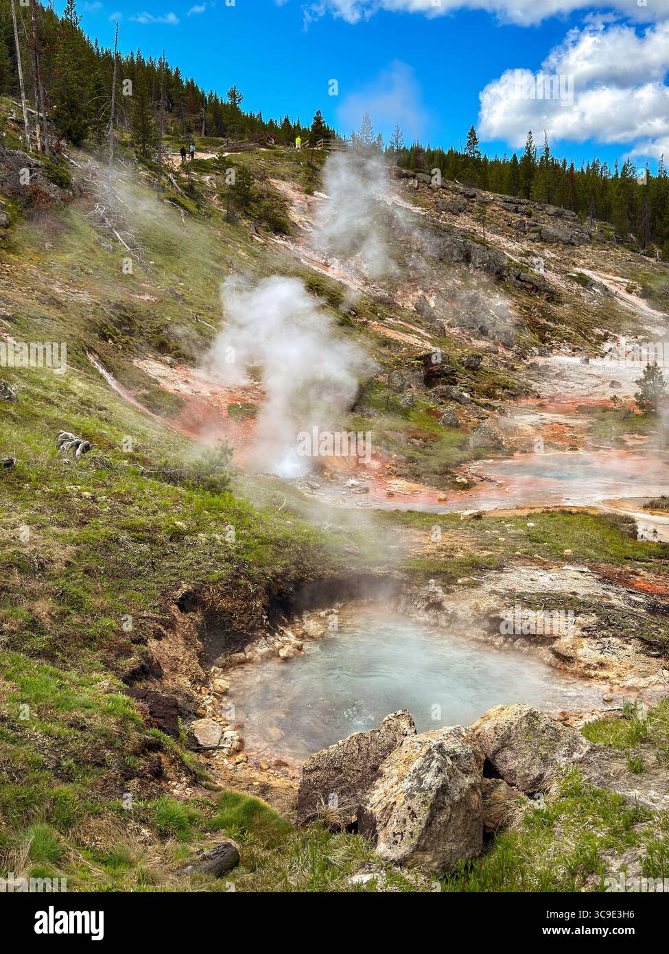 Scenic view of pools of boiling water at the Artists Paintpots hot springs in Yellowstone National Park. - Smartphone Captured Stock Image