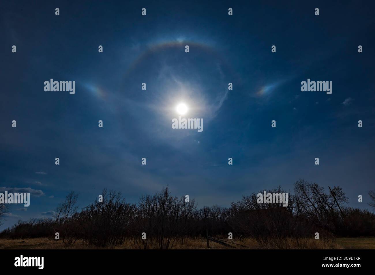 April 25, 2022, Alberta, Canada: A scene with a fairly high-altitude Sun and prominent and colourful sundogs (parhelia) flanking the Sun and well outside the 22Â° halo which is only faintly visiible. Sundogs are always well outside the 22Â° halo when the Sun is higher in the sky â€” the Sun's altitude at this time at 4 pm MDT on April 25, 2022 was 41Â°. ..Also visible is the parhelic circle running horizontally through the sundogs, and at top the upper tangent arc or perhaps it is a segment of the circumscribed halo...This is a single shot with the 15-35mm RF lens at 15mm on the Canon R6. (Cre Stock Photo