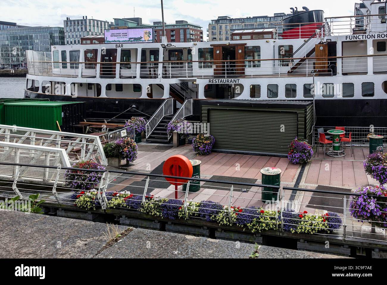 MV Cill Airne, a converted ship restaurant and bar on the River Liffey, Dublin Docklands. Offers dining, drinks, and event space in a maritime setting Stock Photo