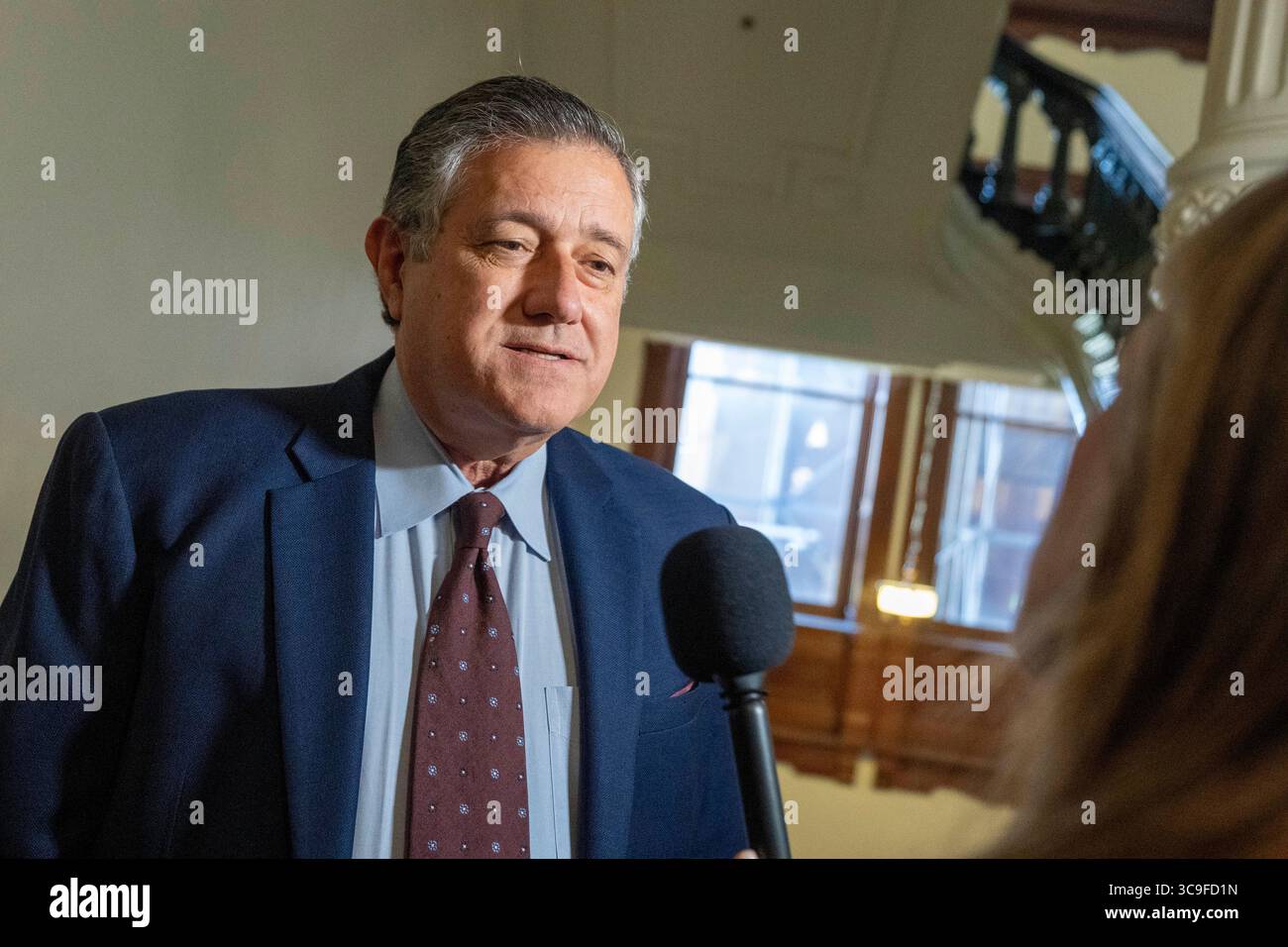 Austin, United States. 05th Aug, 2025. State Rep. RICHARD RAYMOND, D-Laredo, makes a statement during the second day that the Texas House failed to reach a quorum to do business on August 5, 2025. Many Texas Democrats have fled the state under threat of arrest by the Texas Governor. Credit: Bob Daemmrich/Alamy Live News Stock Photo