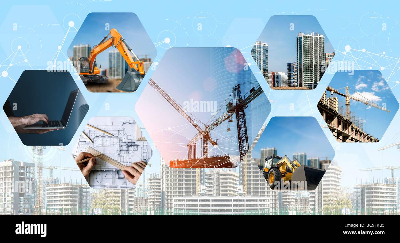 Construction Background. Various aspects of modern construction and urban development. The image includes cranes, excavators, building blueprints, high-rise construction sites, and digital planning all presented in a tech-inspired layout with hexagonal photo frames. This concept reflects smart building technologies, digital project management, architecture, civil engineering, and urban transformation. Ideal for illustrating themes of infrastructure growth, smart cities, and innovative development strategies. Stock Photo