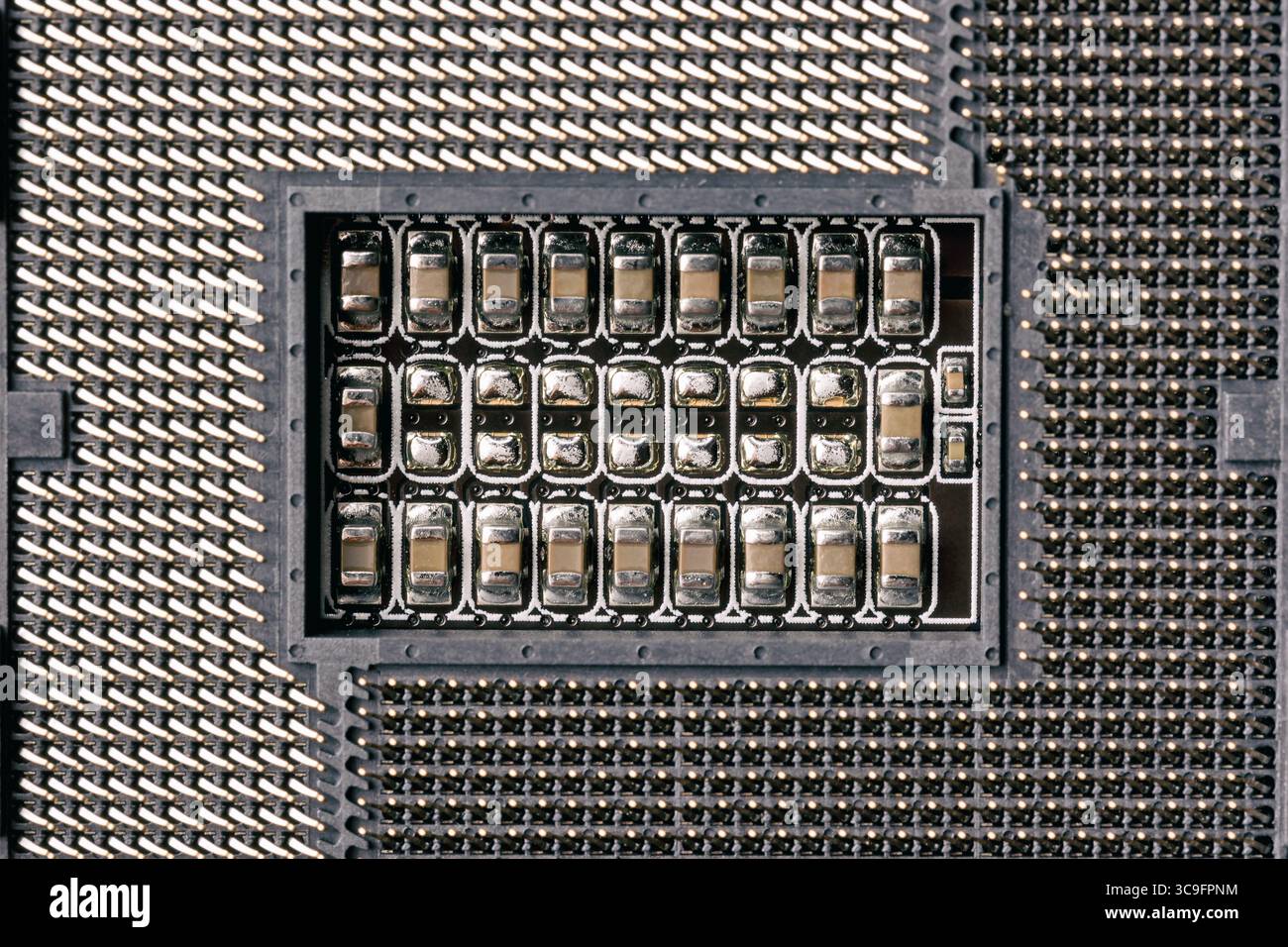 CPU socket of computer. Close up image with selective focus and top view. Stock Photo