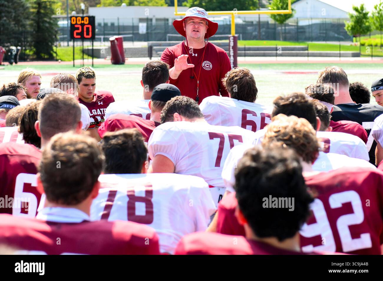 Colgate Team August 02, 2025: Colgate Raiders head coach Curt Fitzpatrick talks to ...