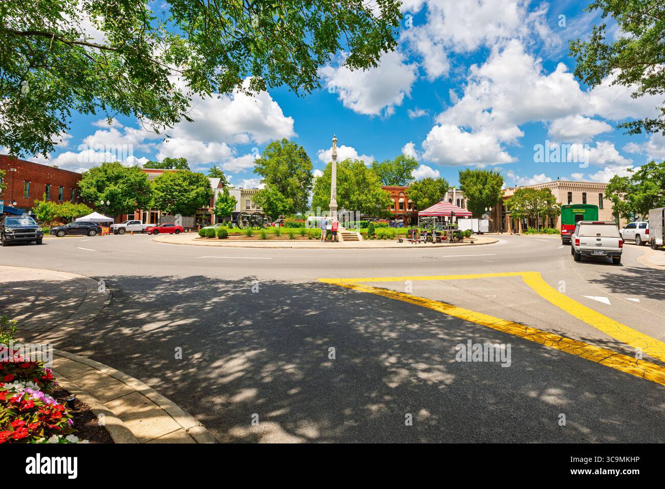 The Confederate Monument at the center of the public town square and park in the historic old town district of Franklin, Tennessee. Stock Photo