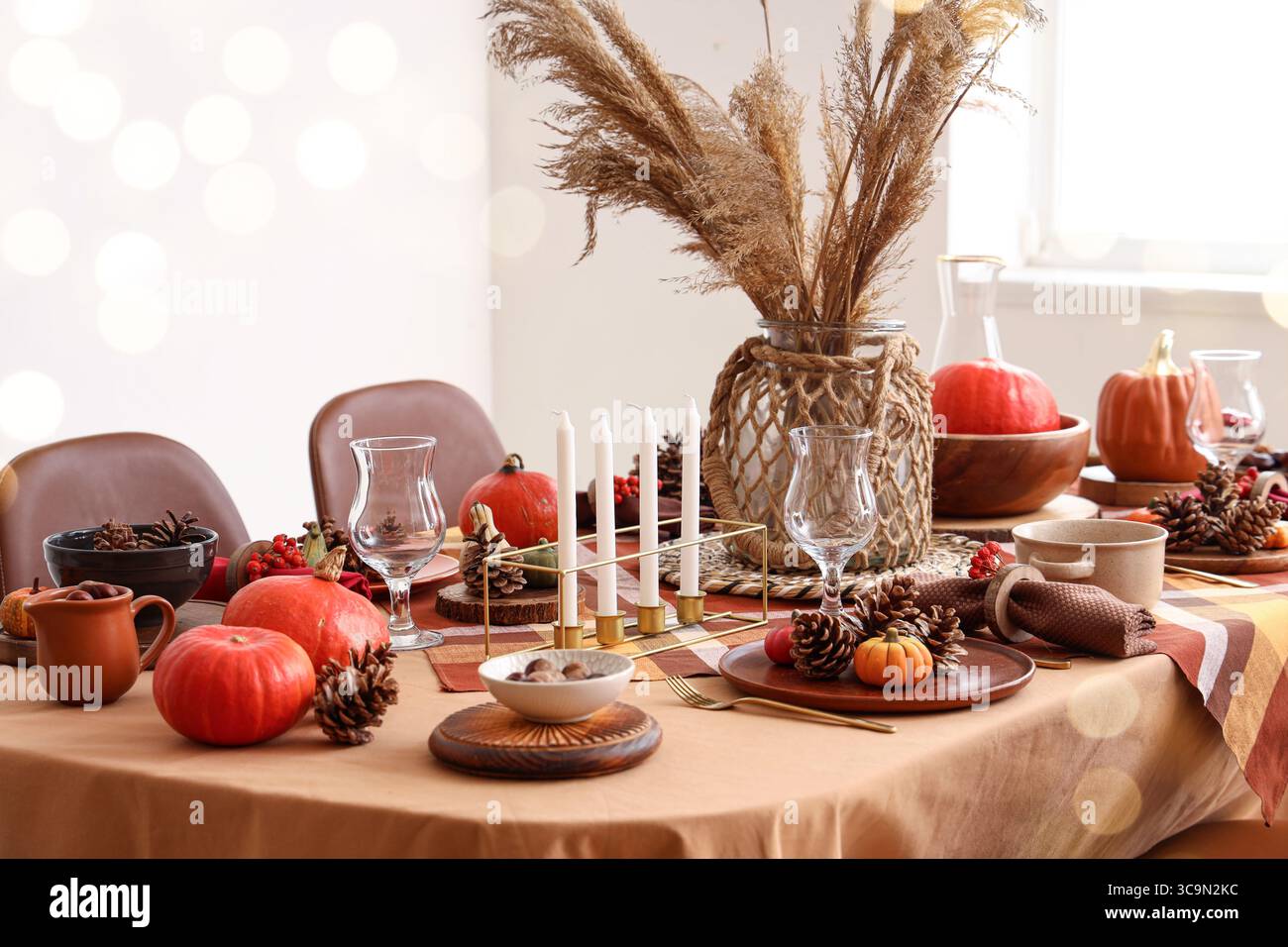 Autumn table setting with pumpkins and cones Stock Photo