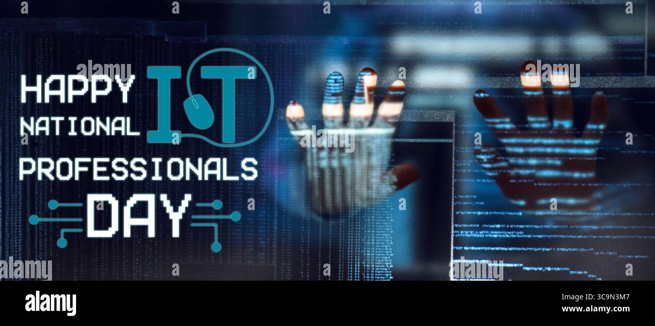 Programmer using virtual screen on dark background. National IT Professionals Day Stock Photo