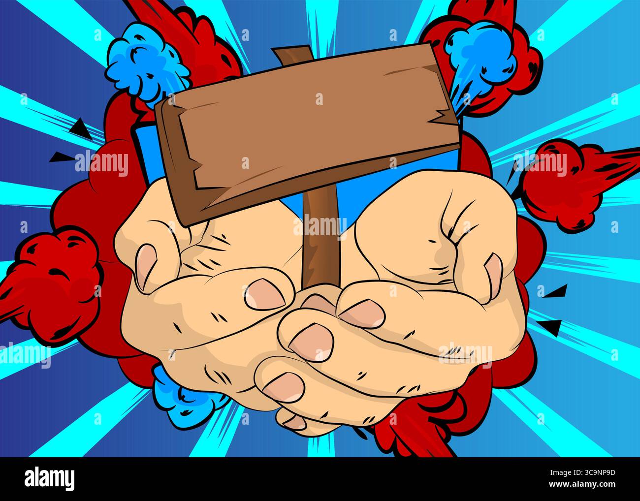 Signboard Comic Cartoon, comic book human hands holding wood signboard. Retro vector ...