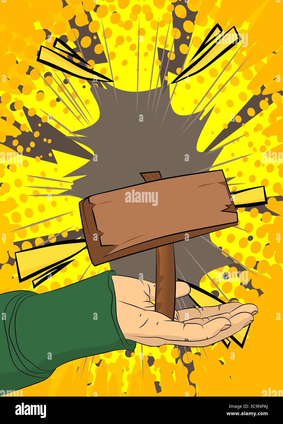 Signboard Comic Cartoon, comic book human hands holding wood signboard. Retro vector ...